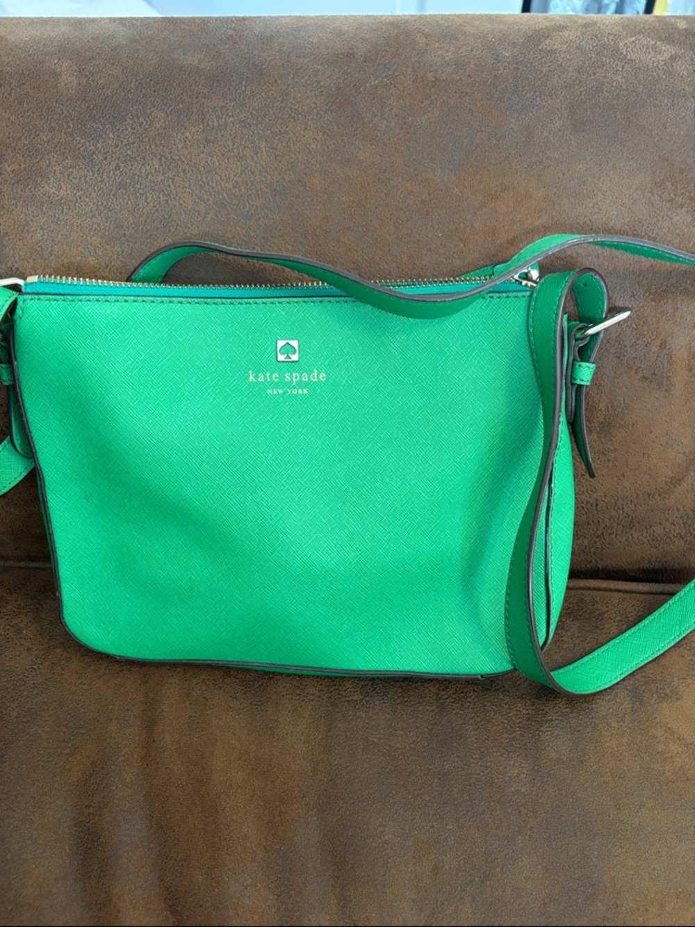 kate spade Green Leather crossbody with Multicolor Stripe Lining